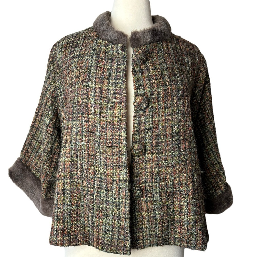 Tweed Cashmere Blend Faux Fur Trim Swing Jacket Purple Lining Free Size M-L